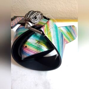 Kurt Geiger Colorful Blue Green Leather Striped Women's Belt S/M M/L L/XL